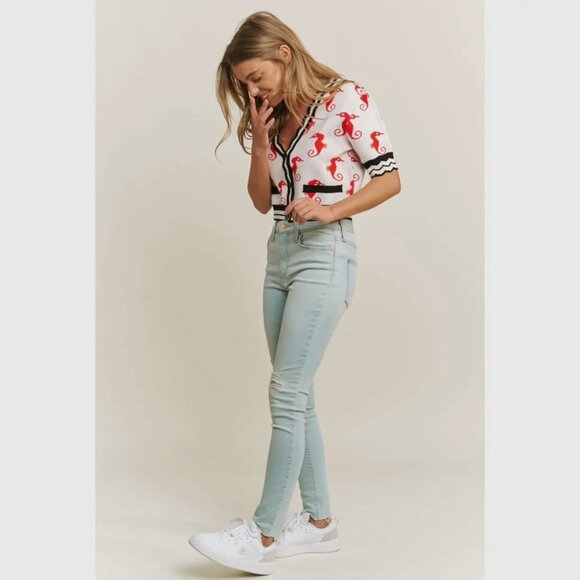 Women Crop Cardigan Size M Cute Red Seahorses Short Sleeves V-Neck Buttons Front - Picture 8 of 10